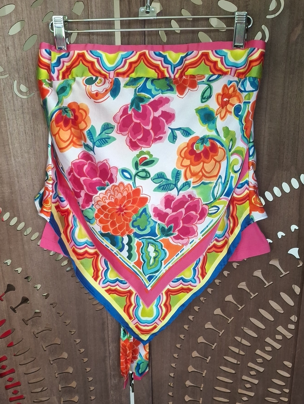 Vintage Y2K Caché Silk Floral Bandana Scarf Halter Top Pink Orange - Size S